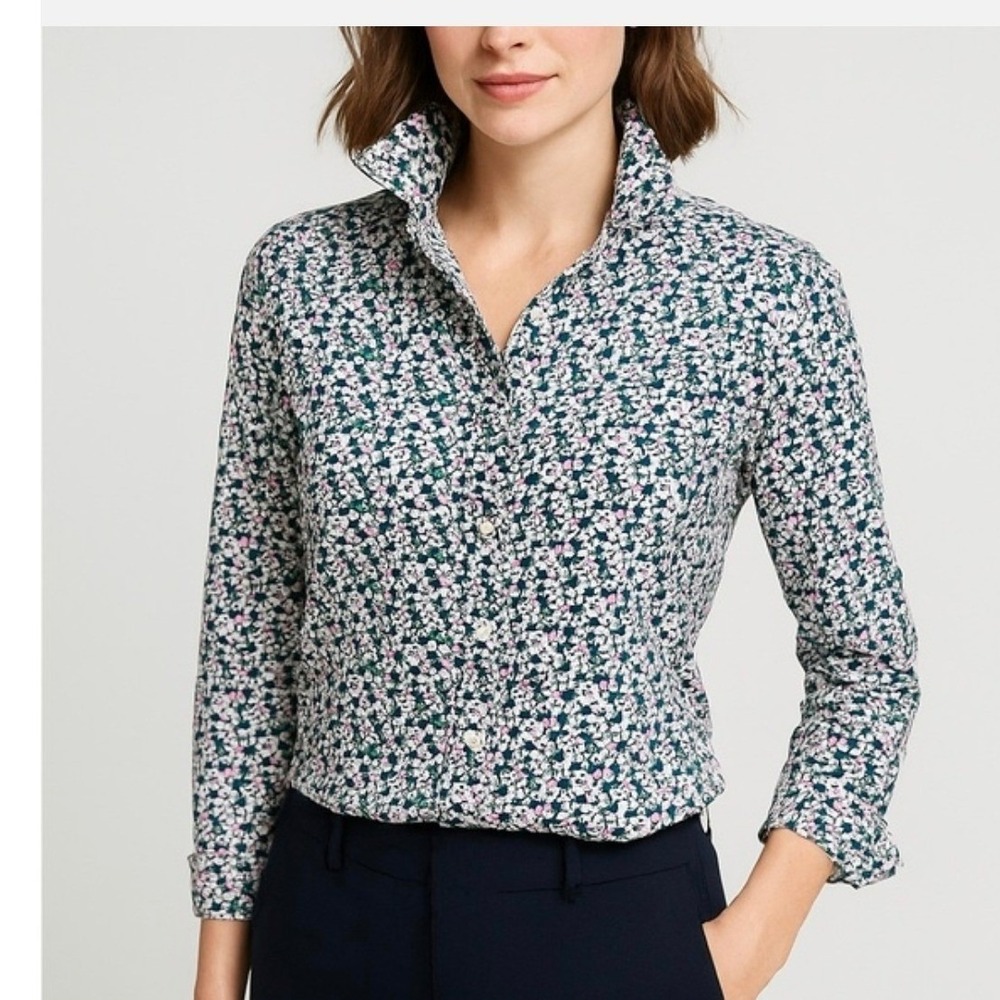 Talbots Petites Floral Button Down Shirt Navy Green Pink Stretch Blouse 12P